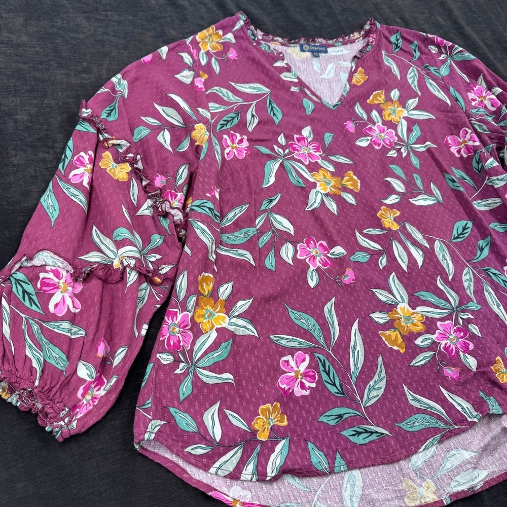 Democracy Womens 1X Beet Red Floral Boho Flowy Peasant Puff Ruffle Sleeve V-Neck - Picture 4 of 11